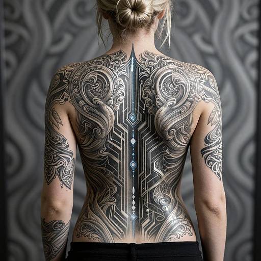 Photograph of a blonde woman with intricate black and silver tribal tattoos covering her back and shoulders, standing against a patterned gray background.