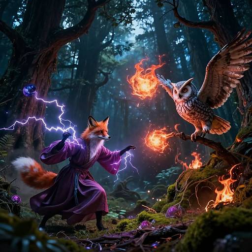 Fantasy forest battle: anthropomorphic fox in purple robe casting purple lightning against flying owl with fiery talons amidst glowing orbs and trees. Digital artwork.