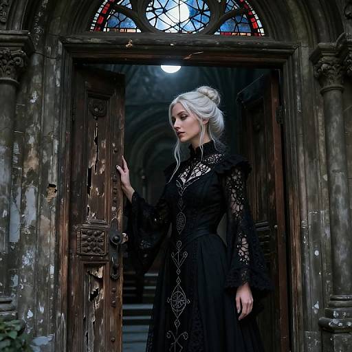 Digital painting of a pale-skinned, white-haired woman in a black lace dress, standing in an ancient, Gothic-style doorway with stained glass above.