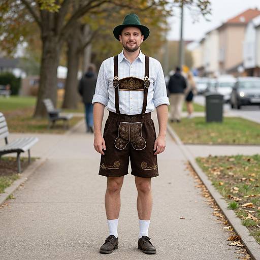 Photograph of a bearded man in white shirt, black suspenders, brown shorts, green hat, white socks, and black shoes, standing on