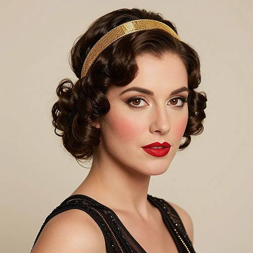 Vintage-style photograph of a fair-skinned woman with dark, wavy 1930s hair, wearing a gold headband and red lipstick, in