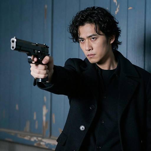 Man with Gun by Blue Wall