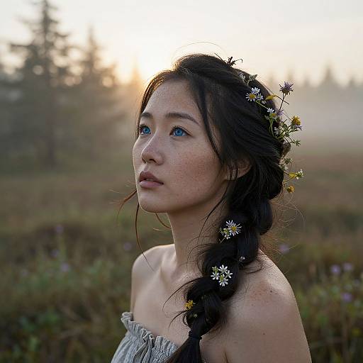 Photograph of an Asian woman with blue eyes, freckles, and black braided hair adorned with daisies, wearing a strapless gray