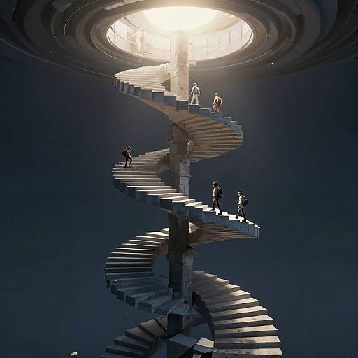 Digital art of a spiral staircase ascending to a glowing, circular light at the top. Five figures climb, silhouetted against the bright center,