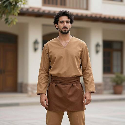 Photograph of a bearded, curly-haired man in a tan long-sleeve shirt and brown waist apron, standing in front of a rustic