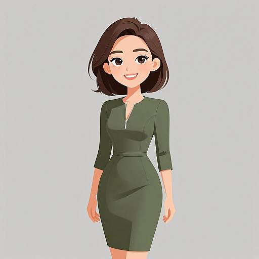 Smiling Woman in Olive Green Dress