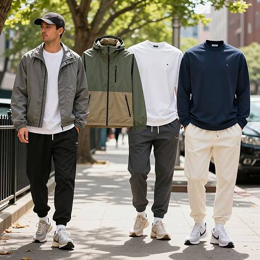 Photograph: Three men on sunny street; left wears gray jacket, black cap, black pants; center displays green and beige jacket; right in navy