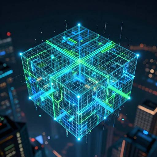 Digital CGI image of a glowing, wireframe cube floating above a cityscape at night, illuminated with blue and green neon lights.