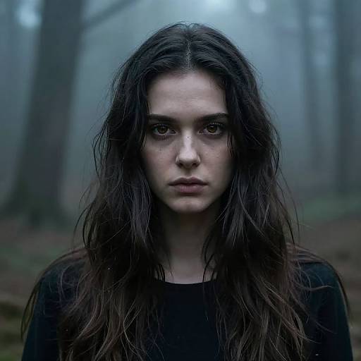 Photograph of a pale, serious young woman with wet, long dark hair in a misty forest, wearing a black top, with a blurred background
