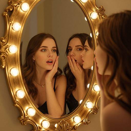 Photograph of a brunette woman with wavy hair, wearing a black top, looking into an ornate, illuminated oval mirror with hands on cheeks,