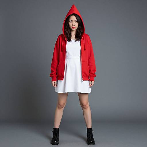 Photograph of a young woman with pale skin, black hair, red hooded jacket, white dress, black boots, standing against a gray background.