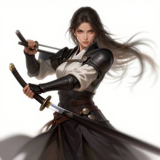 Digital artwork of a fierce, dark-haired woman in black armor and white shirt, gripping two swords, with dynamic, flowing hair and intense expression against a