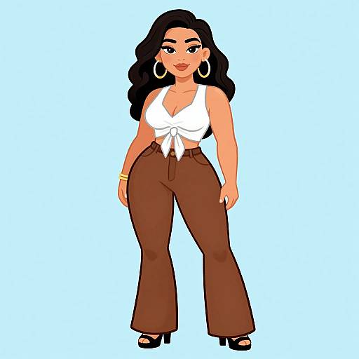 Digital illustration of a curvy woman with long black hair, wearing a white tied-top, brown high-waisted pants, large hoop earrings, gold
