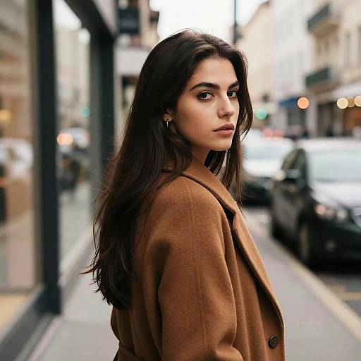 Photograph of a young woman with long dark hair, wearing a brown wool coat, standing on a blurred urban street at dusk.