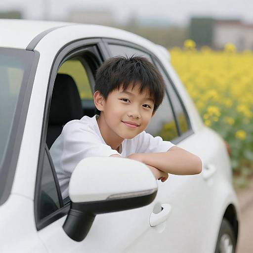 Smiling Boy in Car Among Flowers