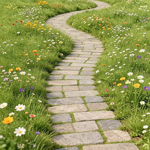 Photograph of a winding stone path through vibrant green grass, adorned with colorful wildflowers, including white, yellow, orange, and purple petals.