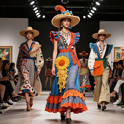 Photograph of three fashion models in colorful, vibrant Mexican-inspired costumes with wide-brimmed hats, striped and patterned dresses, and bright orange accents