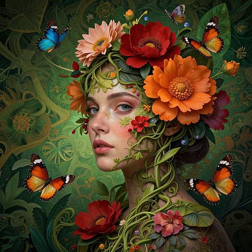 Digital art: Fair-skinned woman with green vine crown, vibrant orange and red flowers, surrounded by colorful butterflies, set against intricate green background.
