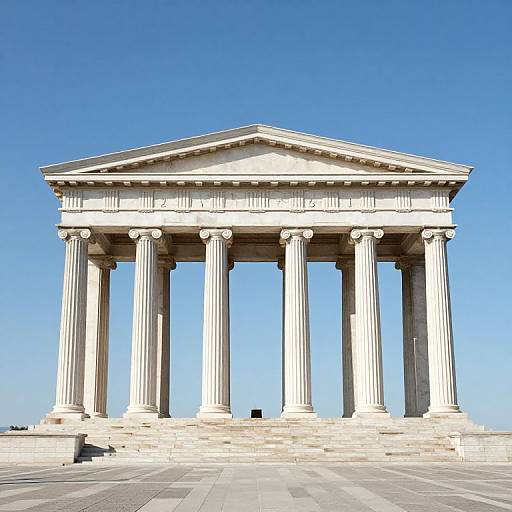 Photograph of a classical white neoclassical temple with six tall, fluted columns, triangular pediment, and clear blue sky background.