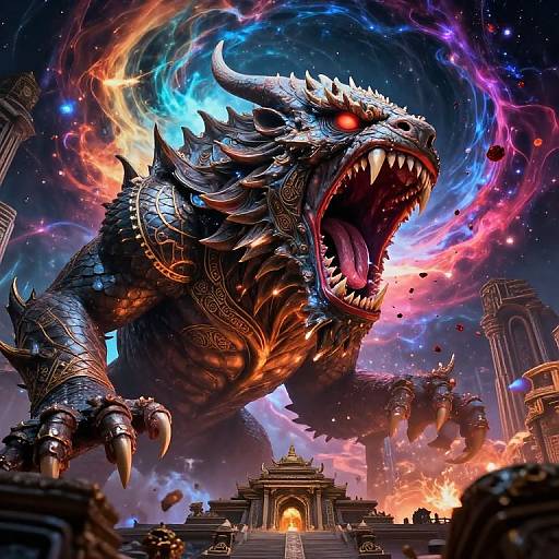 Digital fantasy artwork: A massive, armored dragon with glowing red eyes and sharp teeth roars above a burning temple, surrounded by vibrant, swirling cosmic colors