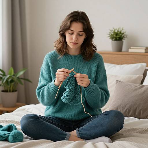 Photograph of a young woman with wavy brown hair, wearing a teal knit sweater and dark jeans, sitting cross-legged on a bed, knitting.