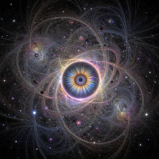 Digital artwork of a glowing, blue and yellow-eyed galaxy with intricate, swirling, ring-like structures amidst a star-studded, dark space background.