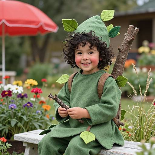 Photograph of a curly-haired, smiling toddler in a green leaf costume with a hat, holding a stick, seated in a colorful garden.