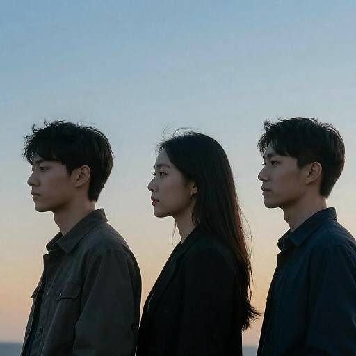 Three Figures in Profile on Colorful Background