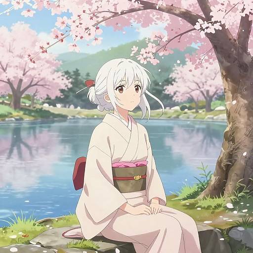 Anime-style digital drawing of a white-haired girl in a white kimono with pink obi, sitting by a serene cherry blossom-lined pond.