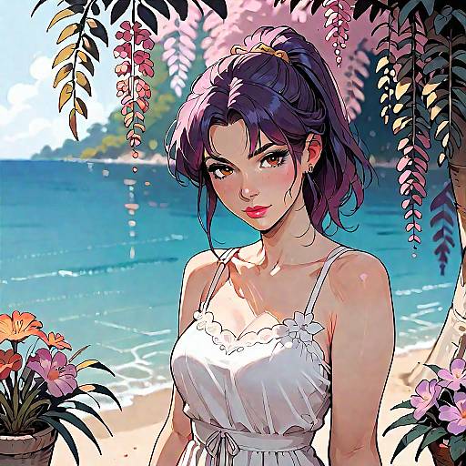 Digital anime-style drawing of a beautiful woman with purple hair in a ponytail, wearing a white sundress, standing on a sunny beach with blue ocean