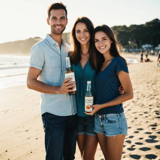 Happy Family at the Beach Holding Bottle