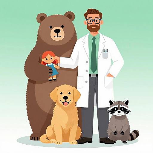 Scientist with Animals and Doll Illustration