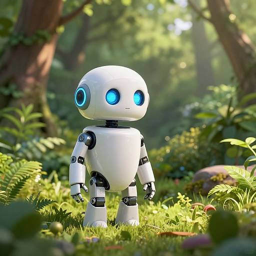 Photorealistic CGI of a white, robotic, child-like figure with glowing blue eyes standing in a lush, sunlit forest.