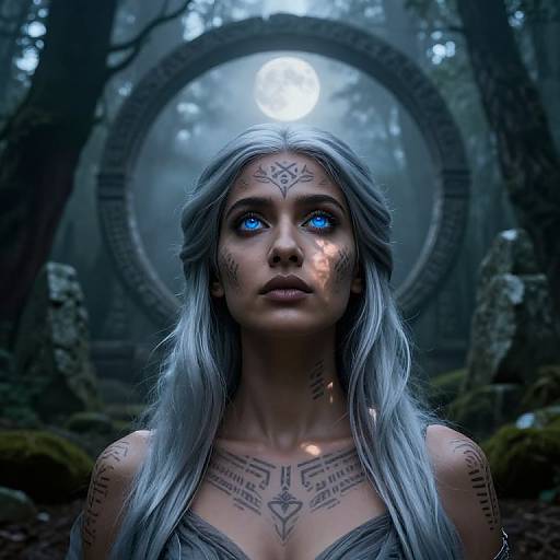 Digital artwork of a silver-haired woman with blue eyes, tribal tattoos, and glowing forehead mark, standing in a misty forest before a large, circular