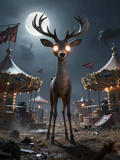 CGI image of a glowing-eyed, antlered deer standing in a dark, moonlit carnival with illuminated carousels and flags in the background
