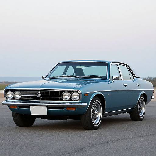 Photograph of a classic blue Volkswagen Beetle convertible with round headlights, chrome accents, and wire-spoke wheels, parked on a paved surface with a clear