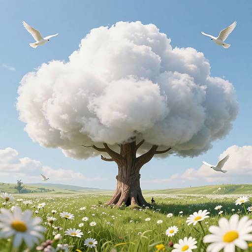 Fantastical digital artwork of a giant, cloud-covered tree in a sunny meadow with white daisies, two white doves flying.