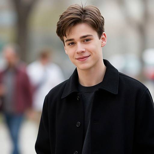 Photograph of a young man with short brown hair, fair skin, and a slight smile, wearing a black coat, standing outdoors with blurred background of