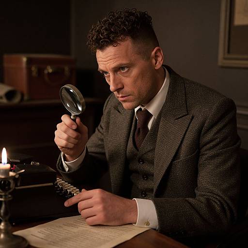 Photograph of a focused, curly-haired man in a dark brown suit, holding a magnifying glass over an antique typewriter and paper, lit by