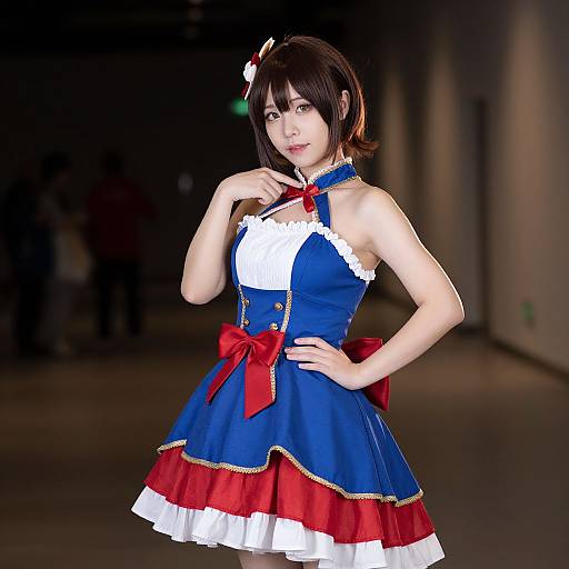 Photograph of a young Asian woman in a blue and red cosplay dress with white trim, red bow, and white frilled skirt, standing in a