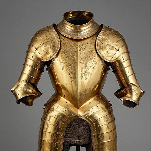 Photograph of a golden, medieval-style, ornate armor with floral engravings, shoulder pauldrons, and a central breastplate, set