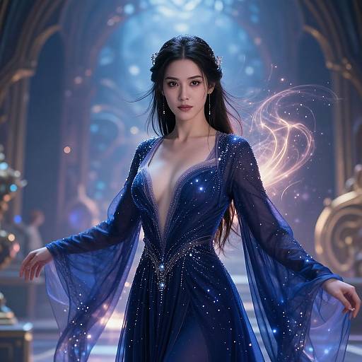 Digital art of a beautiful Asian woman with long black hair, wearing a deep blue, sparkly, V-neck gown, standing in a magical, illuminated