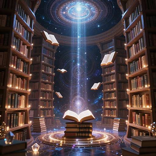 Fantastical library scene: illuminated bookshelves, glowing books, central floating open book, celestial light beams, circular starry ceiling, ethereal