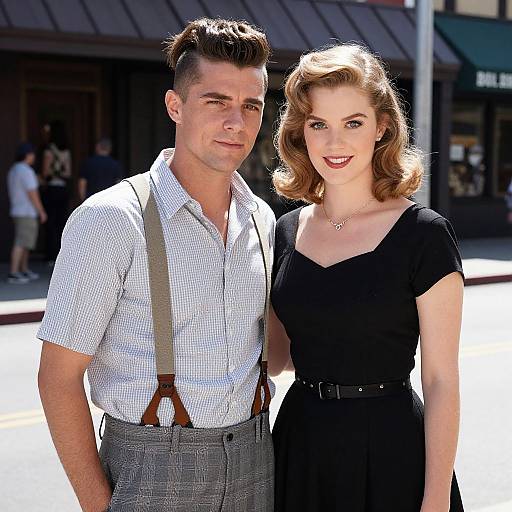 Photograph of a 1940s-style couple: handsome man in checkered shirt and gray suspenders, fair-haired woman in black dress, standing