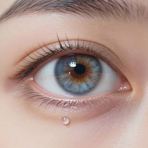 Close-up photograph of a blue-gray eye with a detailed iris, reflecting light, surrounded by dark eyebrows, long eyelashes, and a single tear drop