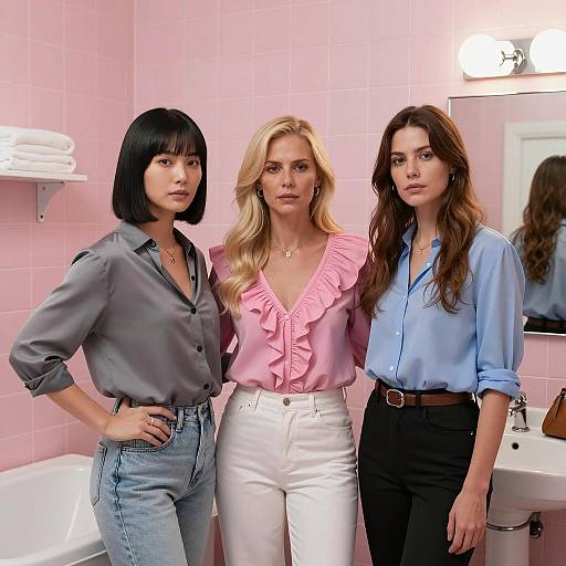 Women in Stylish Pink-Tiled Bathroom