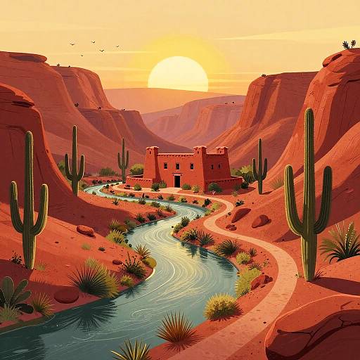 Sunlit Canyon Adobe Hacienda Illustration