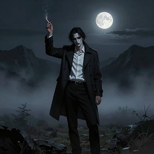 Mysterious Man in Foggy Mountain Night