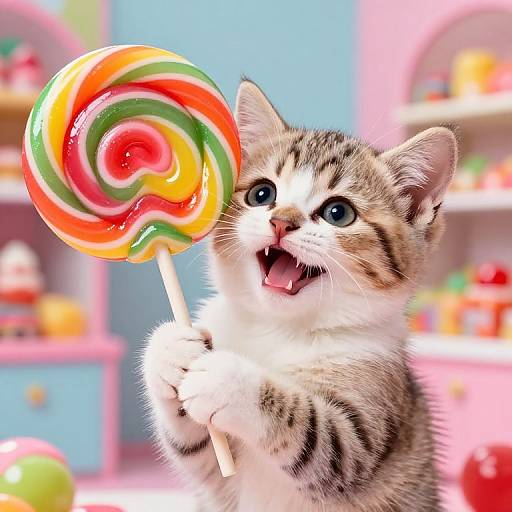 Adorable tabby kitten with wide blue eyes and open mouth, holding a large, colorful swirl candy lollipop in a bright, whimsical room.