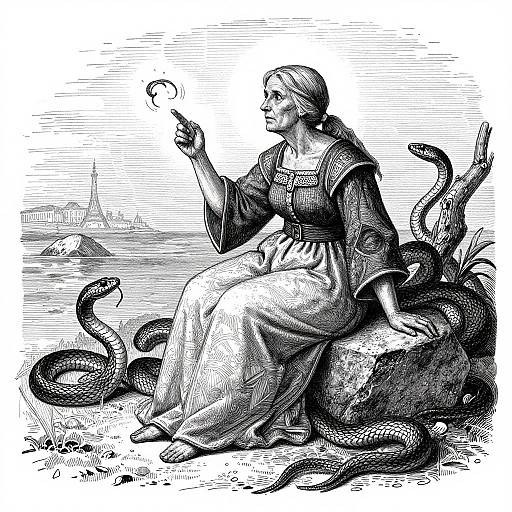 Black and white illustration of a medieval woman in a dress, seated on a rock, holding a snake's head, with multiple snakes coiling around her